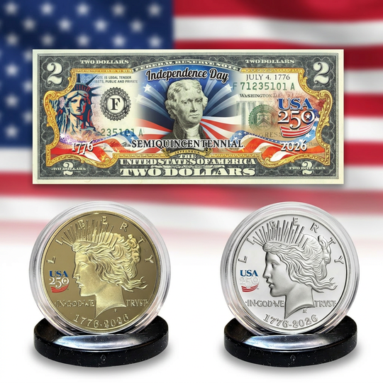 USA 250th Patriotic Bundle — Peace Coins & Independence $2 Bill