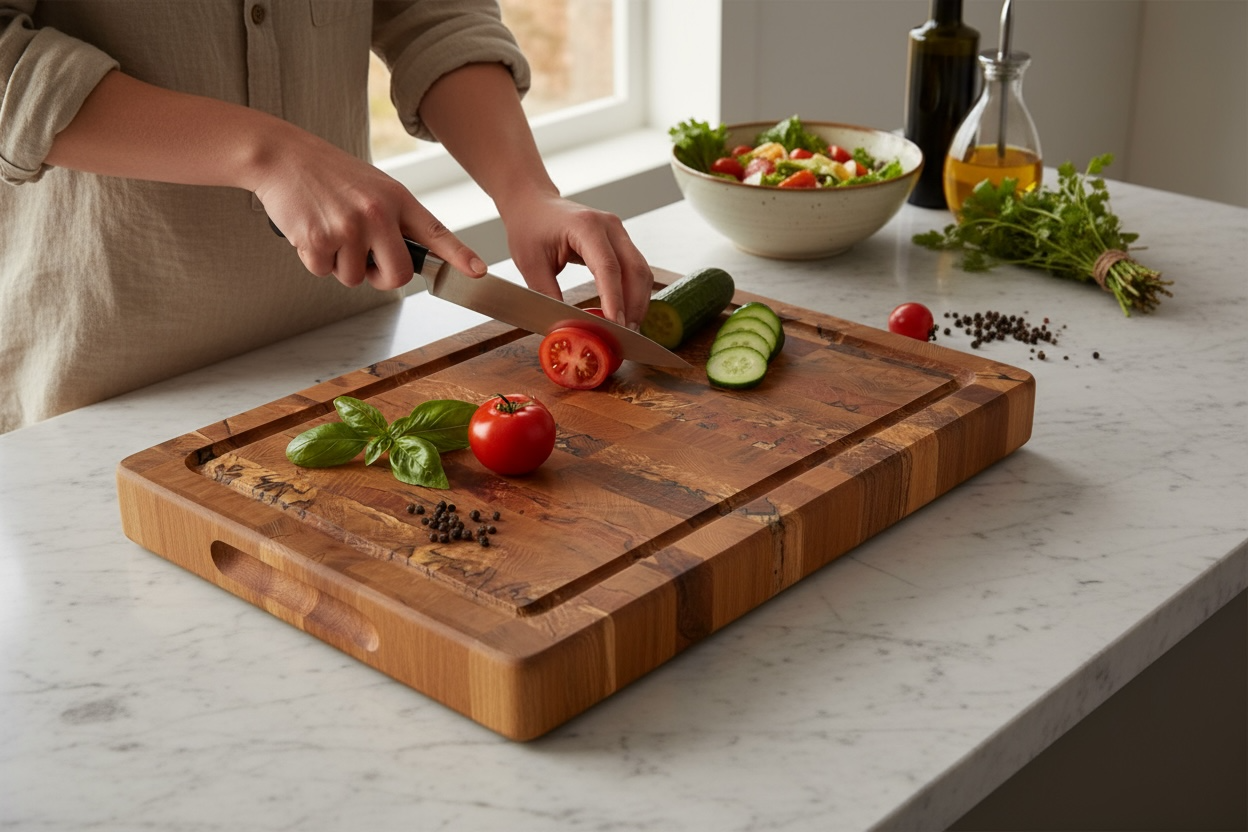 Woman slicing tomatoes and cucumbers on a thick edge grain maple cutting board during everyday kitchen meal prep