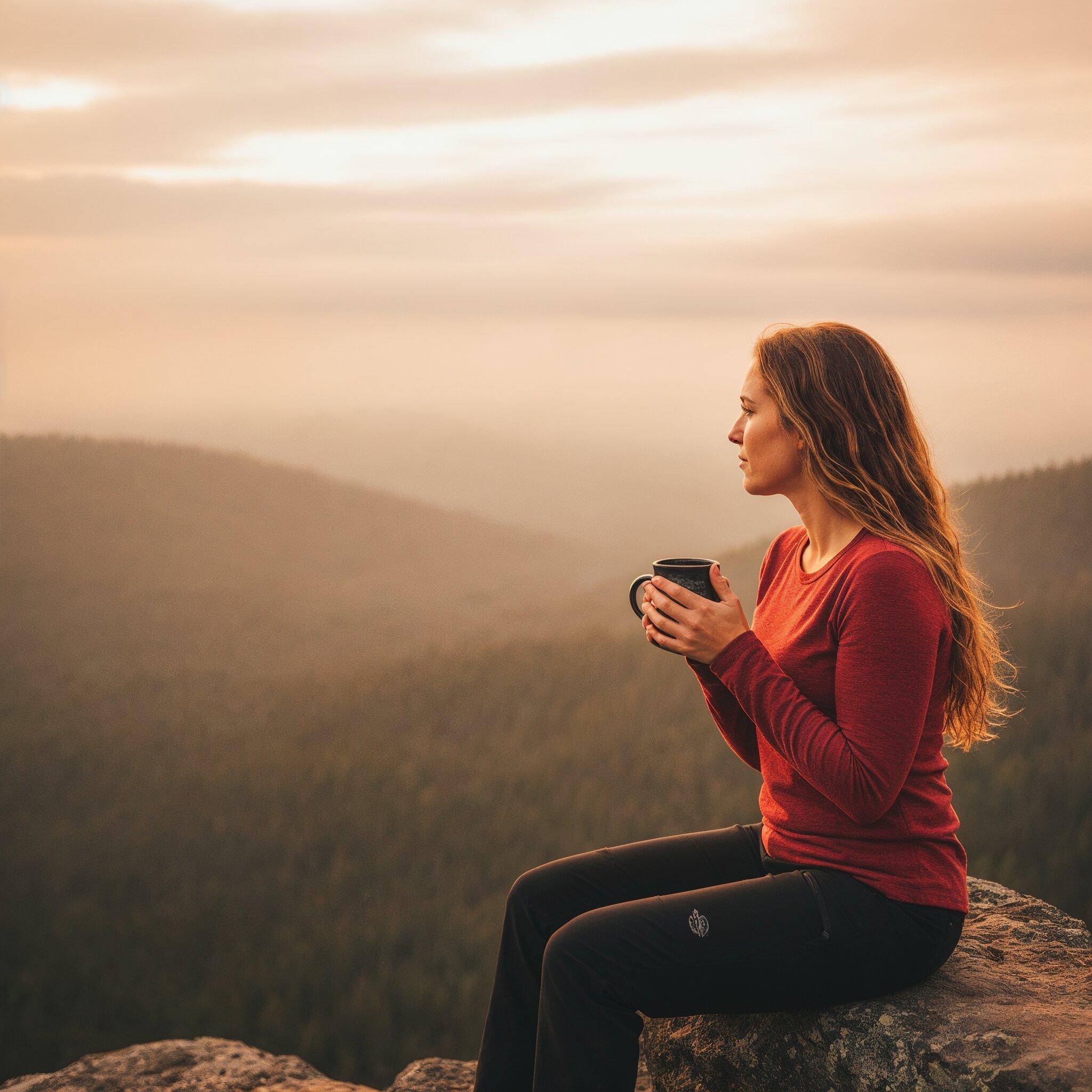 Woman enjoying a warm cup of coffee on a mountain top at sunrise, reflecting peace and adventure in nature.