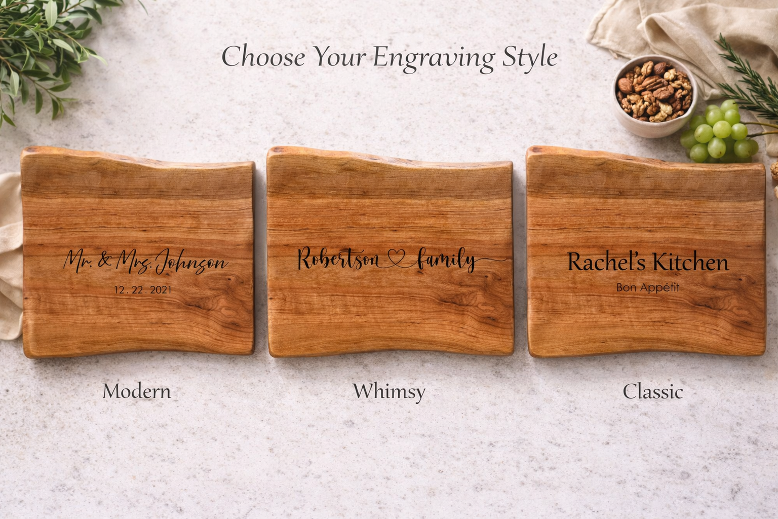 Three engraving style options for personalized live edge cherry charcuterie boards