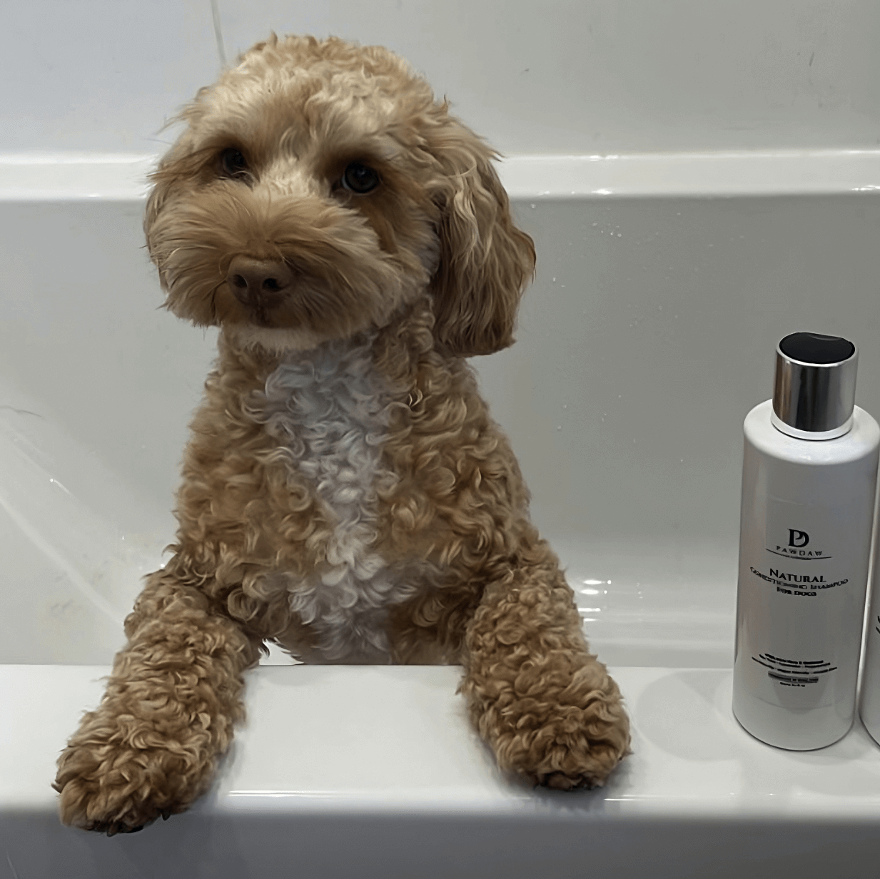 Dog in bath tub with Pawdaw of London Natural Conditioning Dog Shampoo