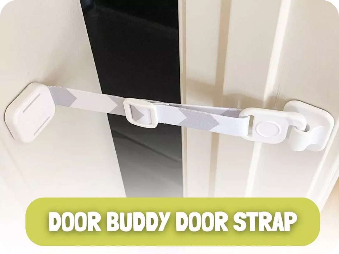 The Door Buddy adjustable door strap installed on a door to hold it partially open. This installation guide shows how the strap creates a small opening that allows cats through while keeping dogs and toddlers out.