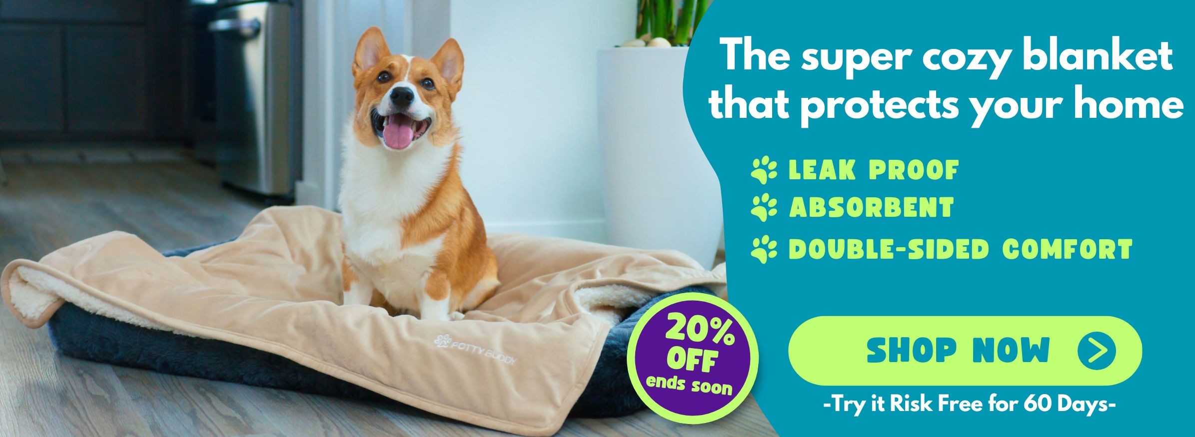 A banner showing a corgi sitting on a waterproof blanket