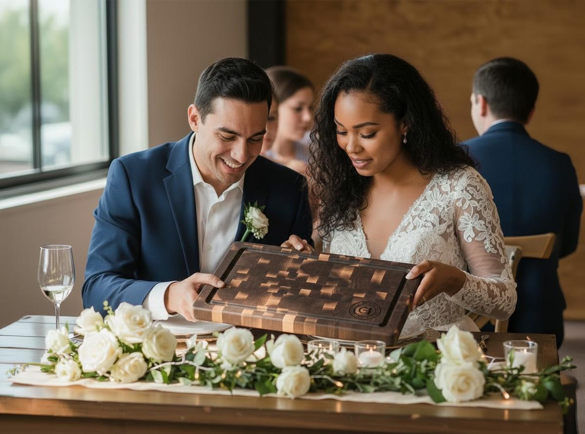Wedding couple receiving a personalized live edge walnut charcuterie board
