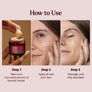 Three-step how-to guide for Smooth Sorbet Face Gel Crème. Step 1: A hand scoops a coin-sized amount from the jar. Step 2: A woman applies the cream on her left cheek. Step 3: She massages it into her cheek until fully absorbed.