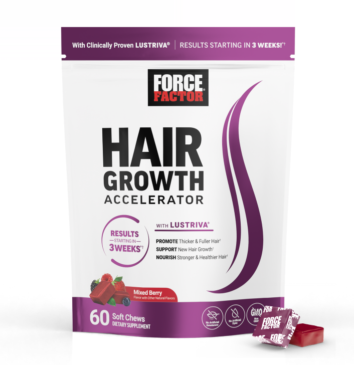 Hair growth accelerator soft chew with one wrapped soft chew and one unwrapped soft chew sitting next to the bag