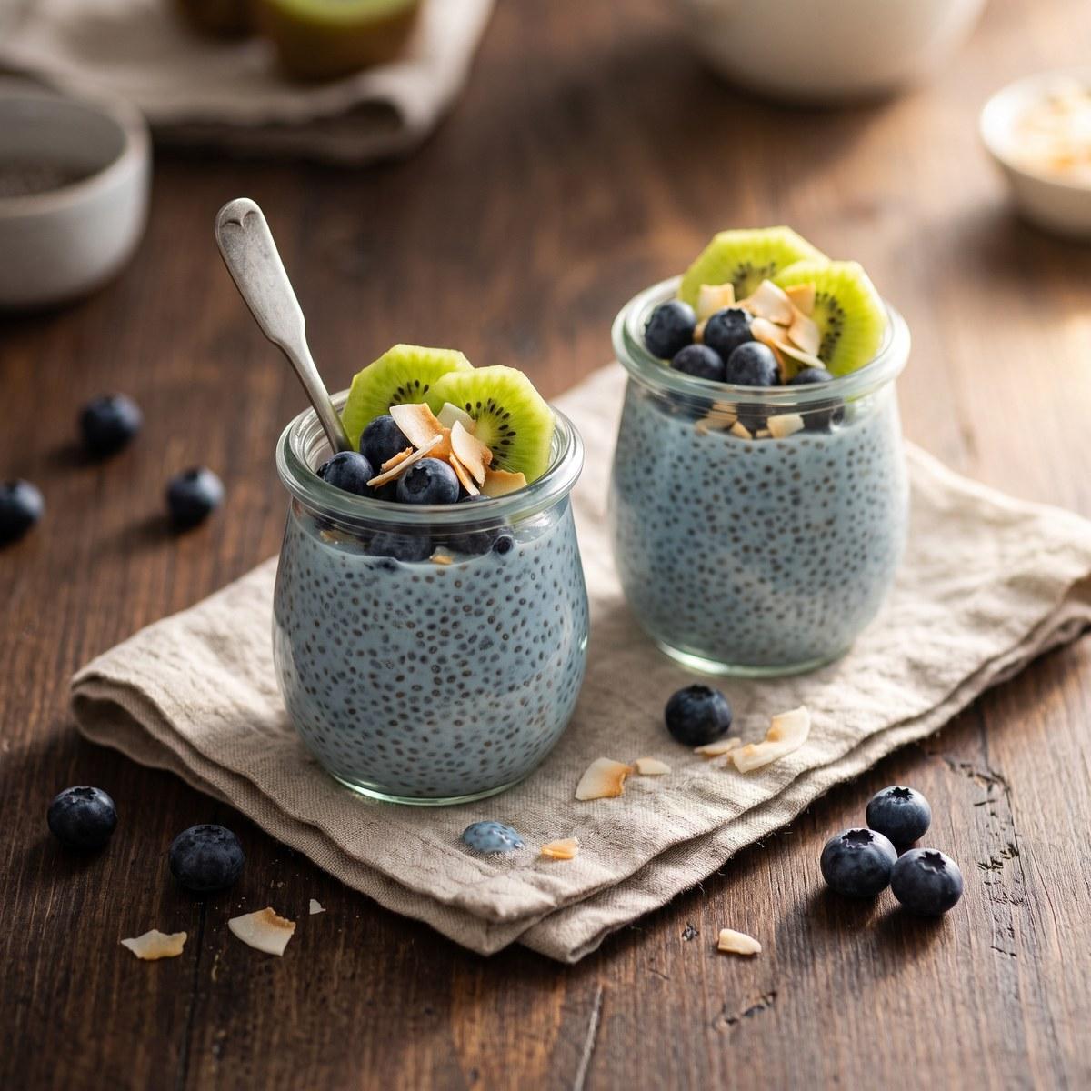 Blue chia pudding made with blue butterfly flower, topped with fresh fruit