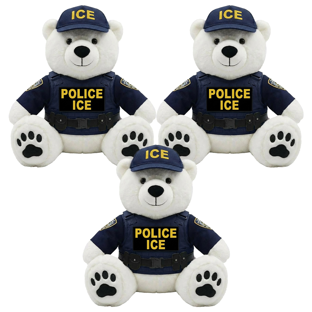 ICE Polar Bear collectible wearing a police uniform with a cap, featuring "ICE" and "POLICE ICE" text.