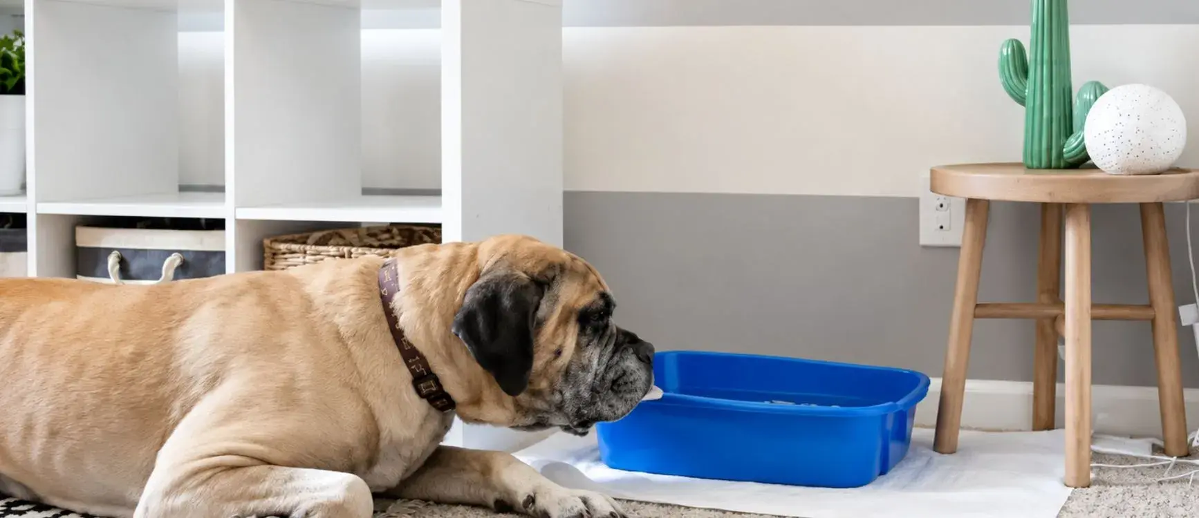 A mastiff resting on the floor beside a blue cat litter box.