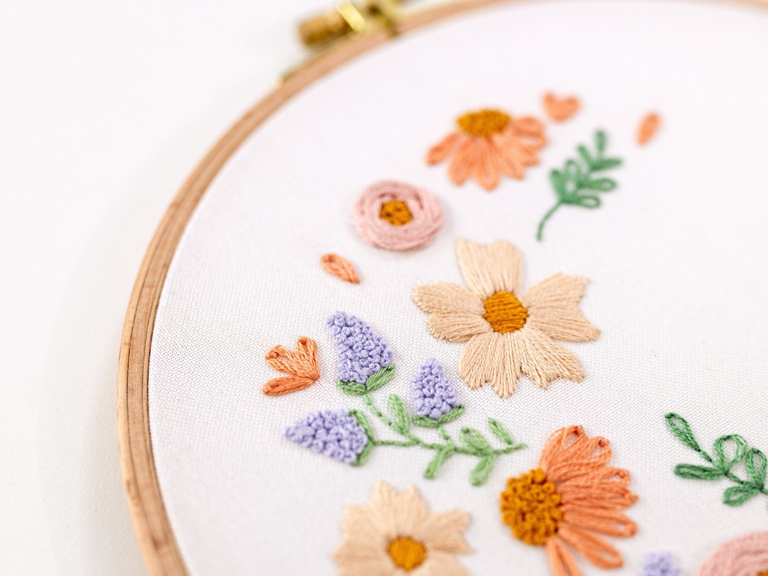 Here is a close up of a beginner embroidery pattern, Blooming Lovely, framed in a hoop. This is available for purchase from the Clever Poppy Shop with the Modern Embroidery Foundations Course.