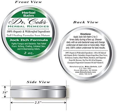 Dr. Coles Jock Itch Balm front, back and side views.