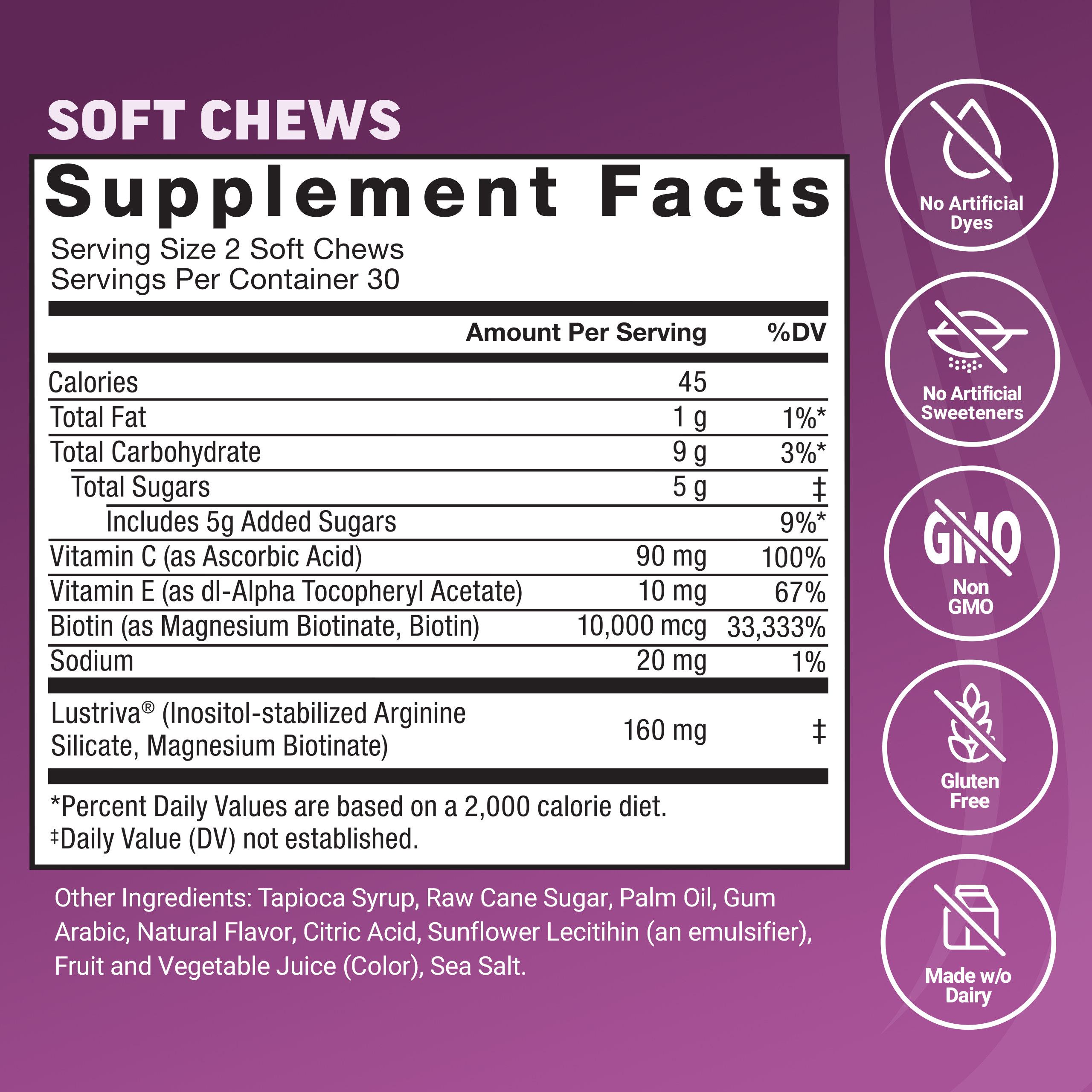 Force Factor Hair Growth Accelerator Soft Chews Supplements Facts Panel; hair growth vitamins, hair growth supplement, lustriva