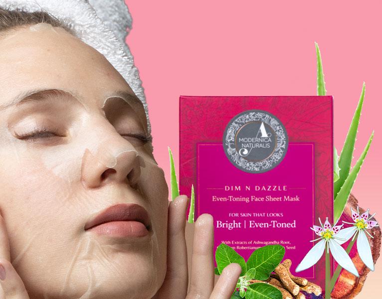 a woman using sheet mask and product with ingredients