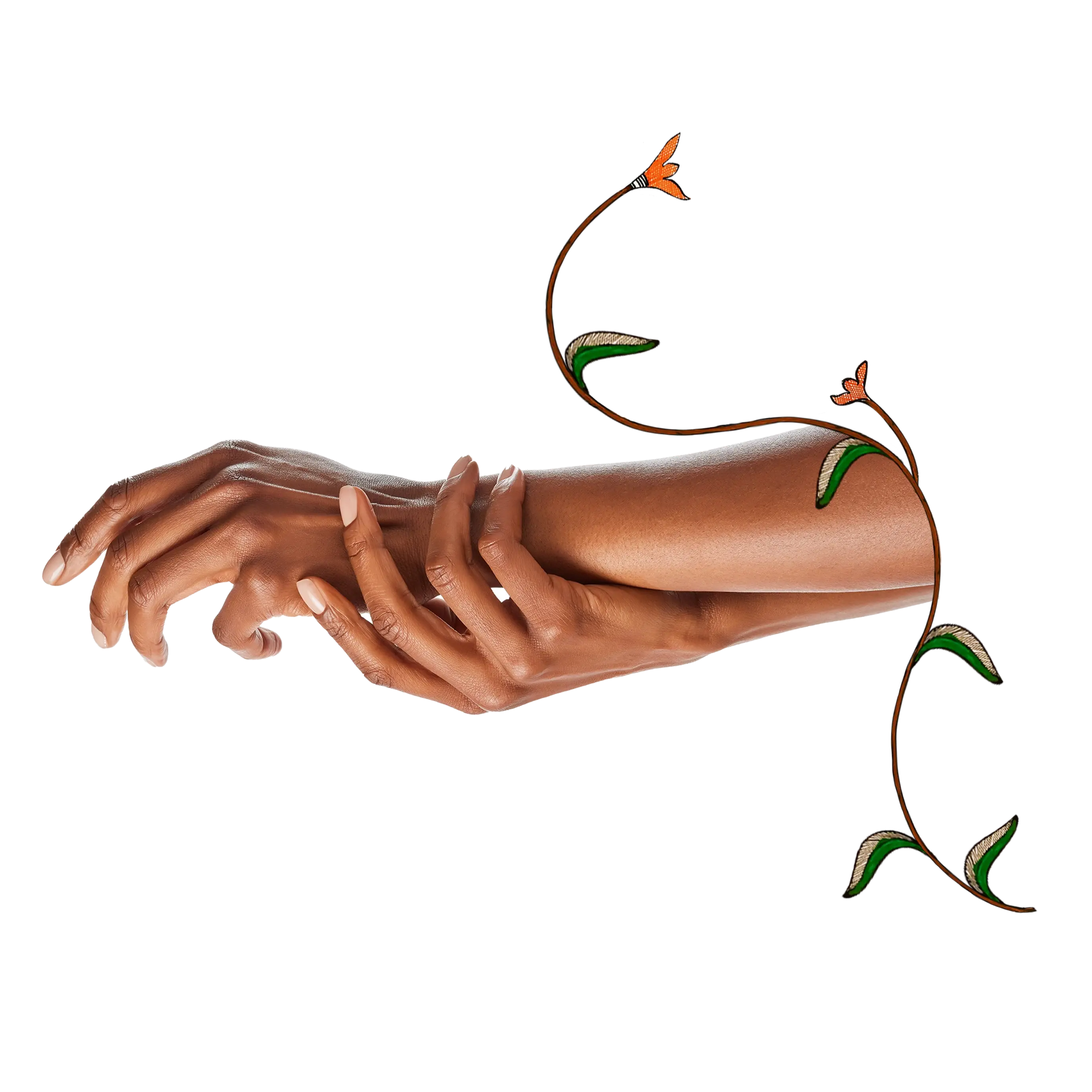 An aesthetic composition of a woman massaging her hands surrounded by floral artwork