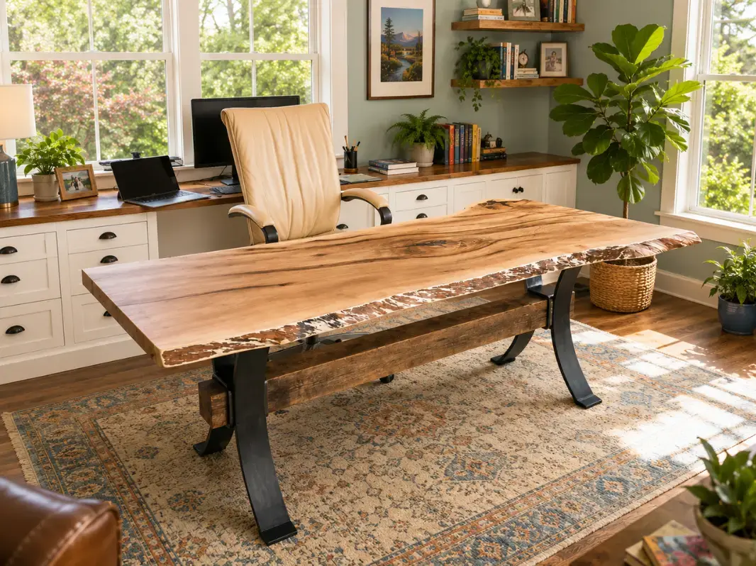 Custom Live Edge Desk with Steel Base and Timber Beam