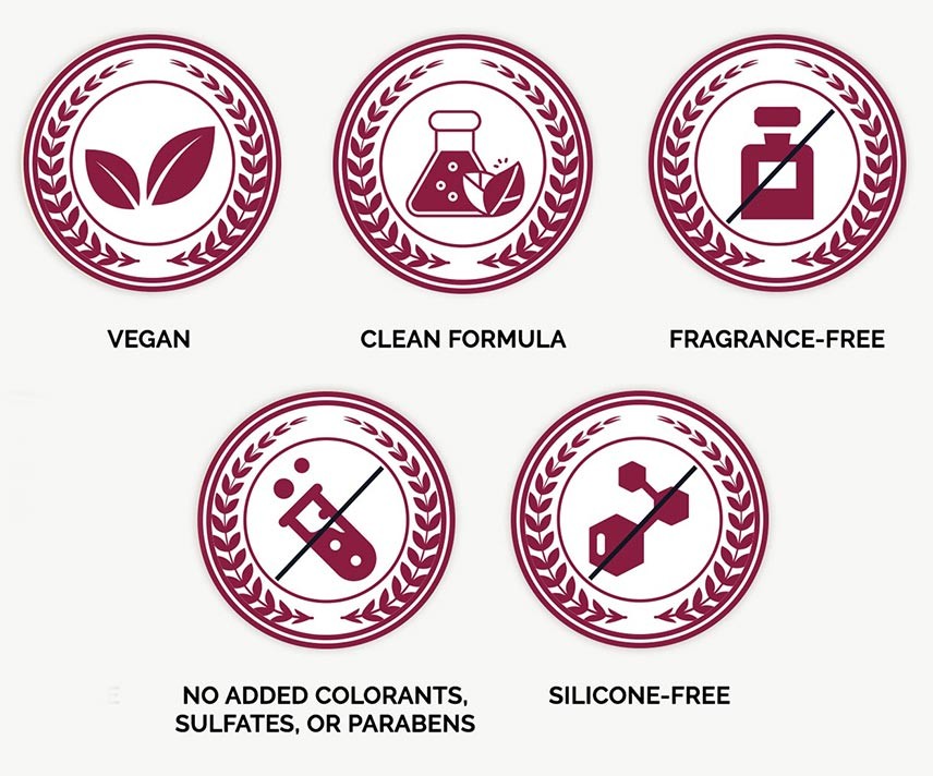 badges for vegan, clean formula, fragrance-free, no added colorants, sulfates, or parabens, and silicon-free