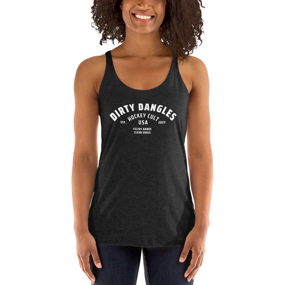 A woman smiling in a racerback tank top. Dirty dangles hockey co.