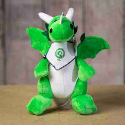 Standing green dragon wearing a white bandanna