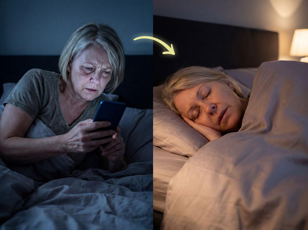 Woman lying awake at night looking at phone, then shown sleeping peacefully in bed.