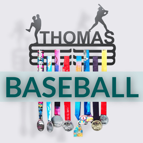 Personalized Baseball Medal Hanger in matte black steel with a custom name — Athlete's Gift Shop