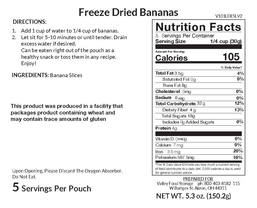 Valley Food Storage Freeze-Dried Bananas Long Term Food Storage Nutrition Label