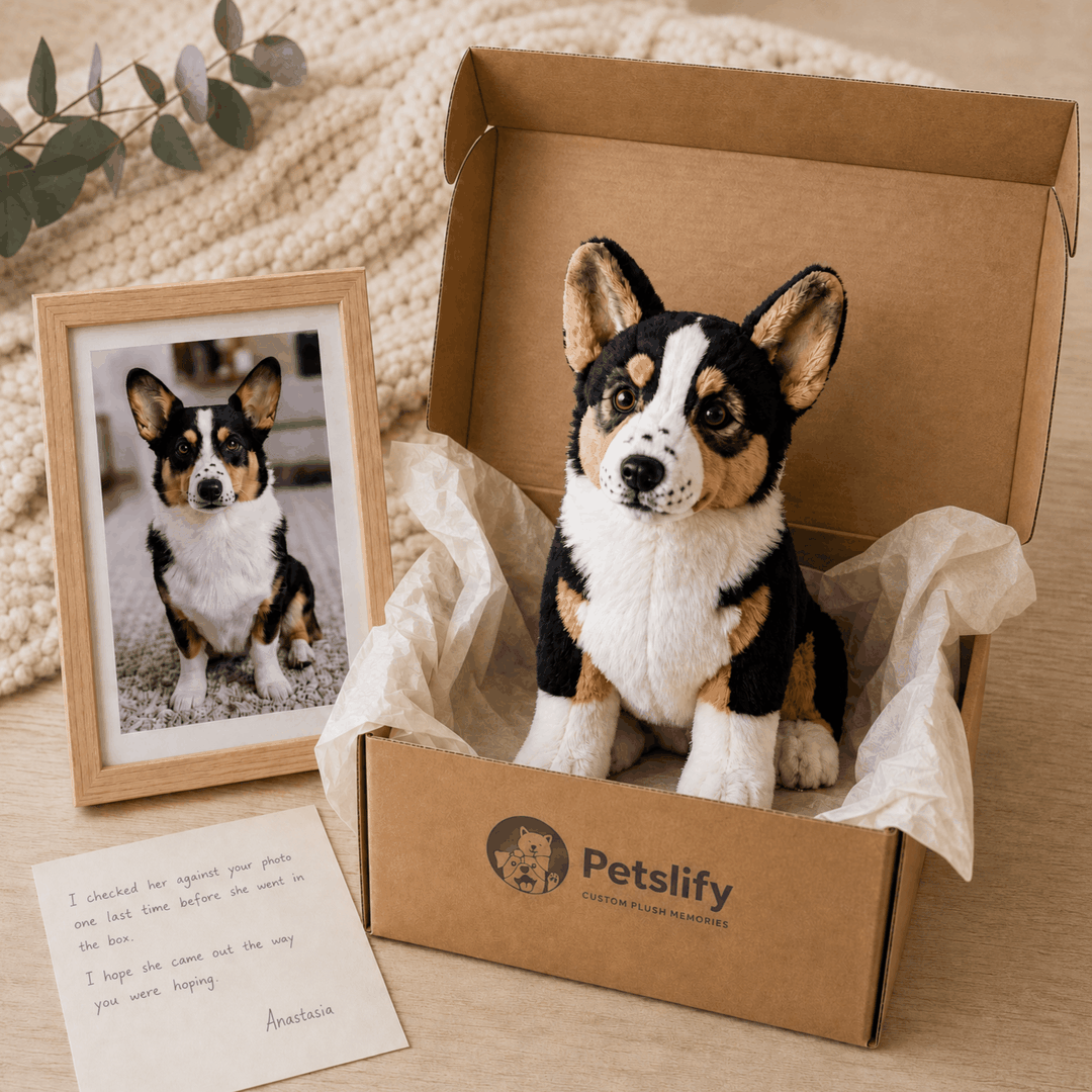 custom stuffed animal plush Corgi in a box