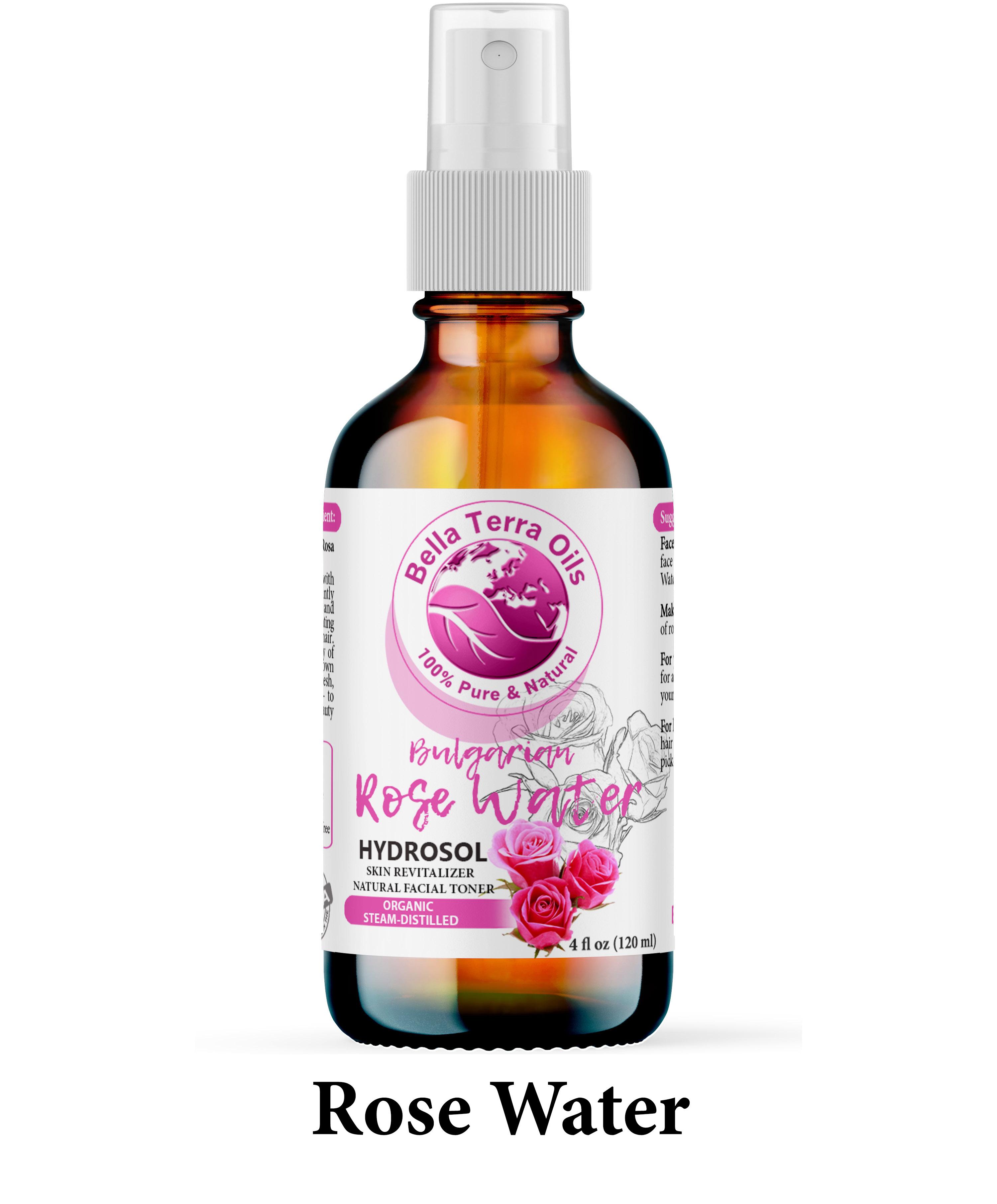 Bella Terra Oils Bulgarian Rose Water in an amber spray bottle, highlighted as a steam-distilled, organic skin revitalizer and natural facial toner, with delicate rose blooms illustrated on the label, suitable for refreshing and hydrating skincare.