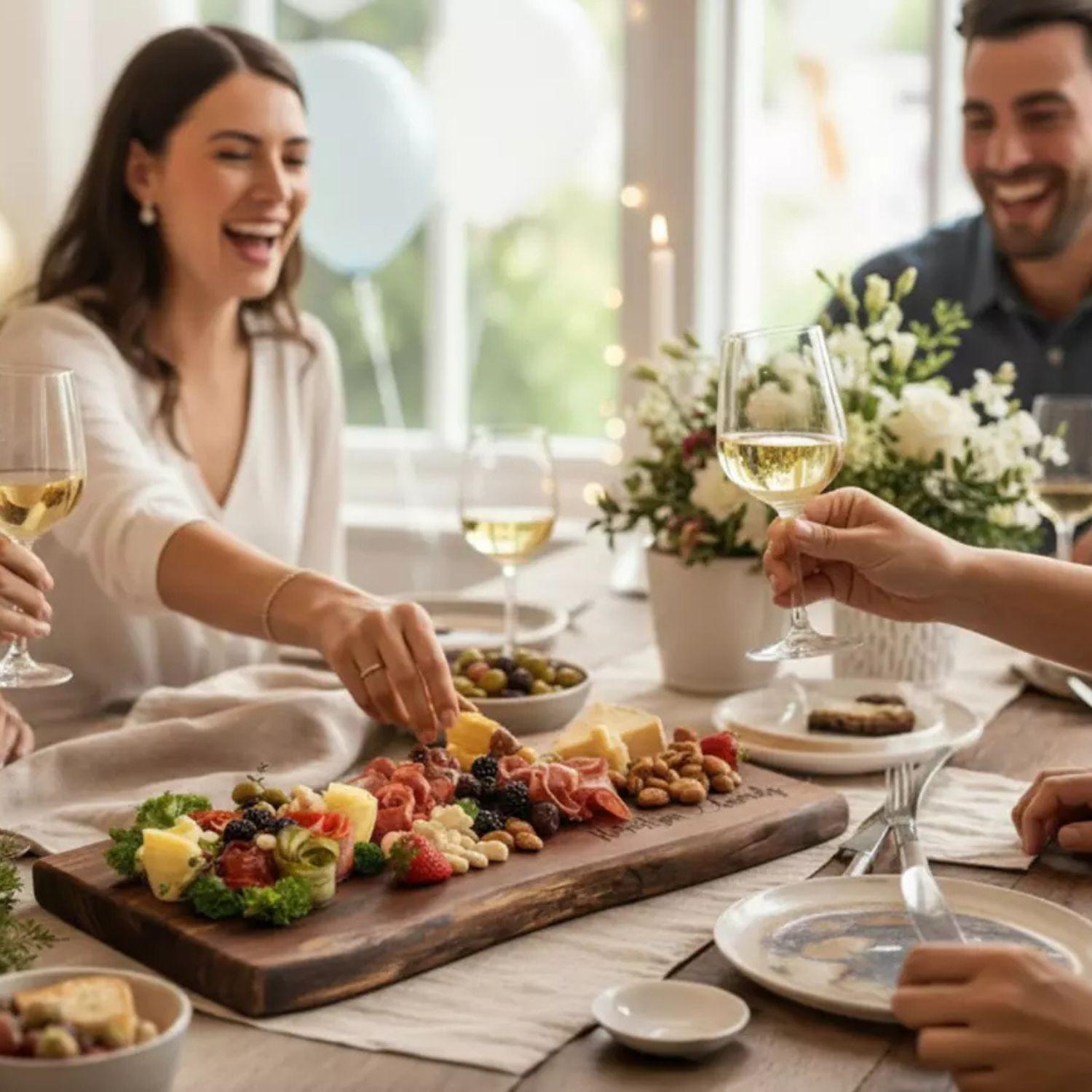 friends enjoying charcuterie board and wine at home showing how meaningful wedding gifts create shared experiences