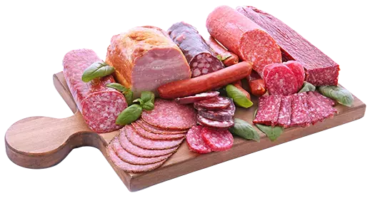 A serving board with various kinds of meats.