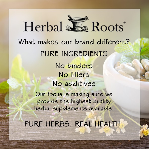 Infographic with Herbal Roots logo and text saying What makes our brand different? Pure ingredients, no binders, no fillers, no additives. Our focus is making sure we provide the highest quality herbal supplements available. Pure herbs. Real health.
