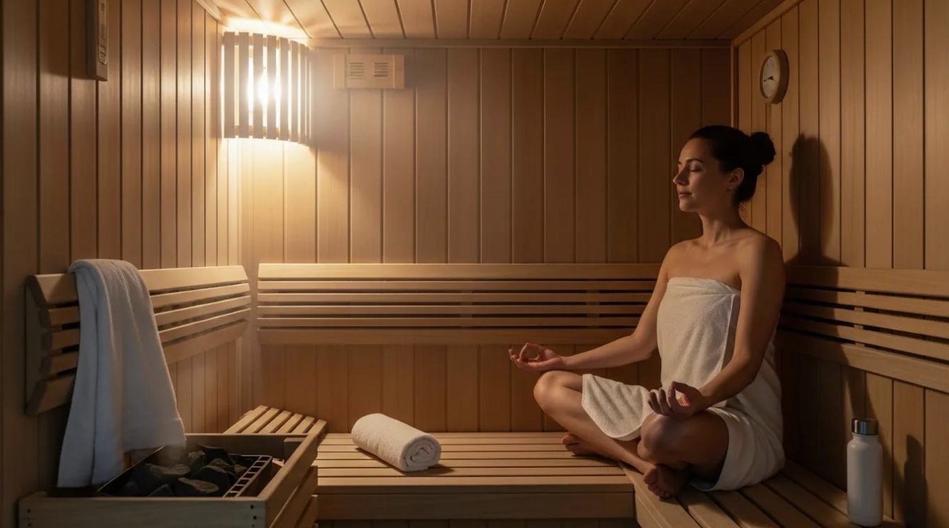 Individual meditating in a dry sauna, representing stress relief and relaxation benefits of dry sauna