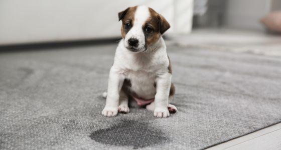 Dog sitting on carpet near urine stain