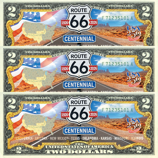 3 Route 66 Collectible $2 Bills