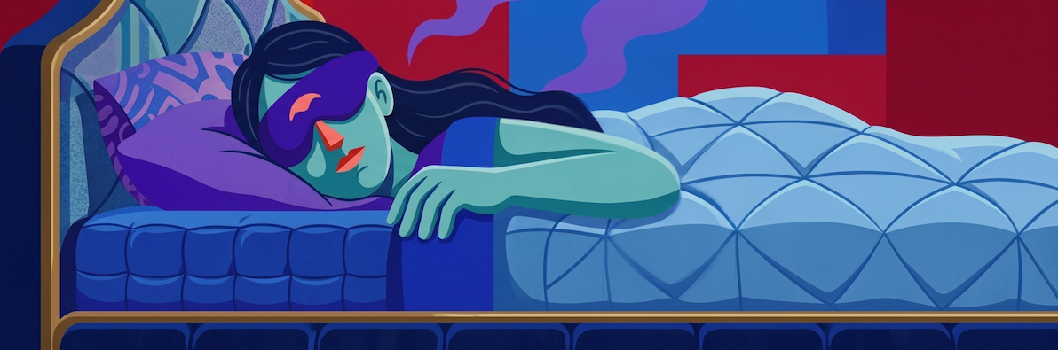 Woman side sleeping in a silk mask, cheek pressed into the pillow, in a guide to the best sleeping position for the skin.