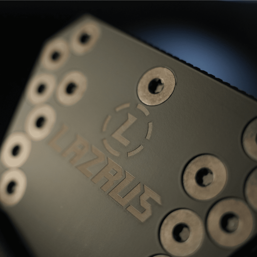 Lazrus LAZ2 zero torque mallet putter in Black finish showing face of the club with screws, logo and milled face