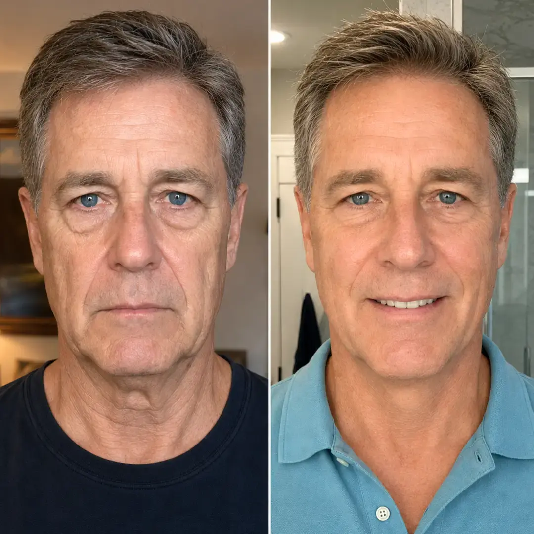 before after image of male in his 50's showing improved appearance of eye bags