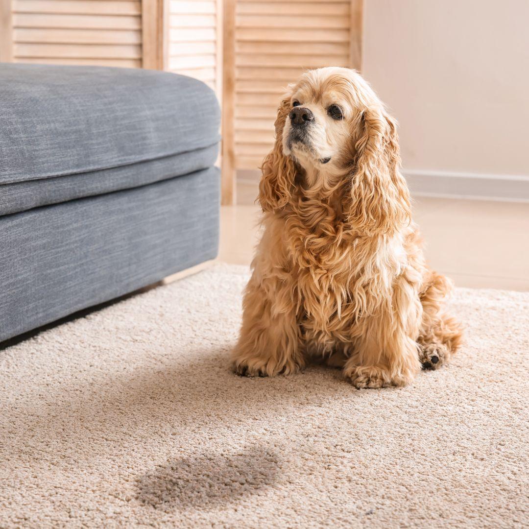 Cute dog near wet spot on carpet