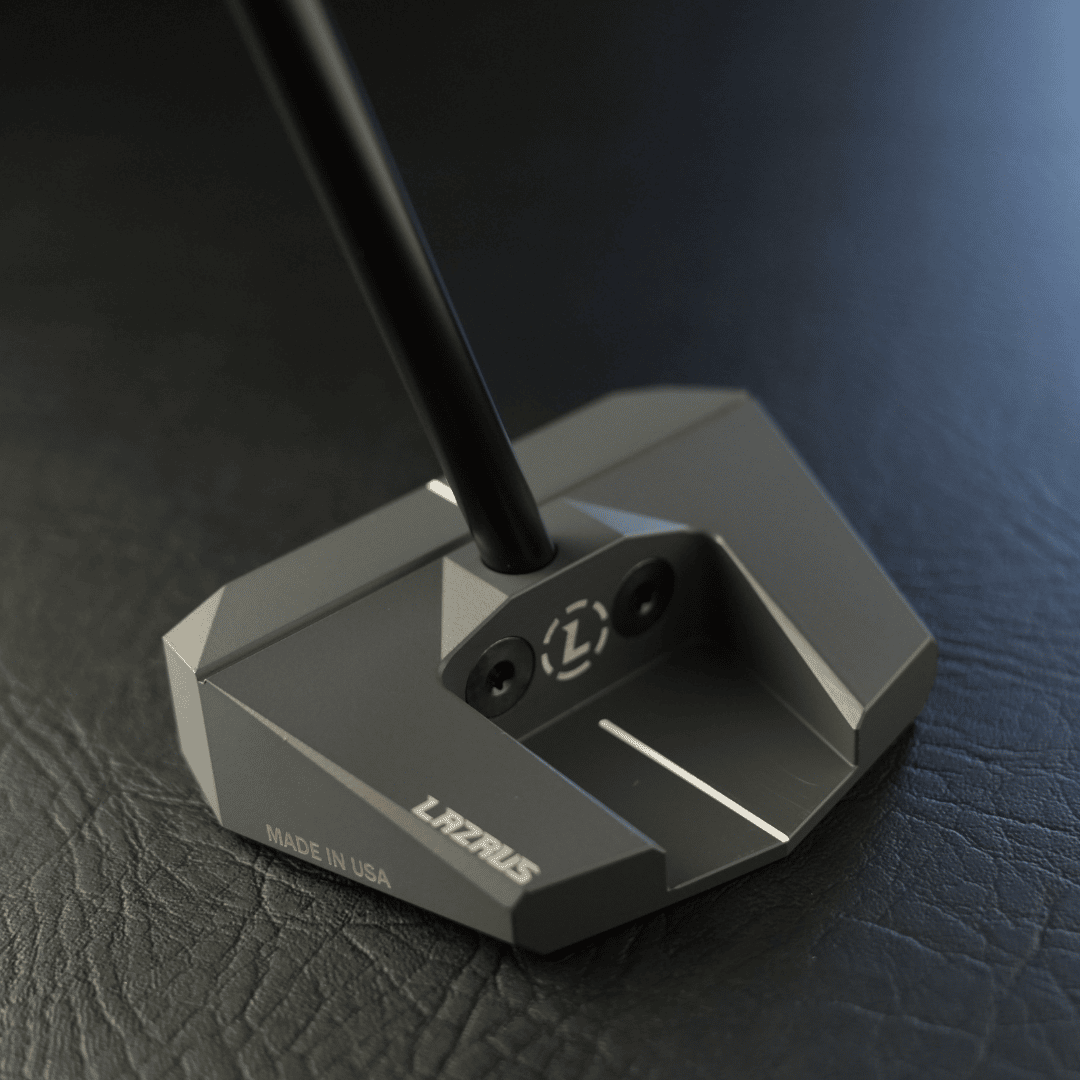 Lazrus LAZ2 zero torque mallet putter in black finish showing top view with the alignment line and shaft join