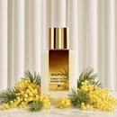 Forest of the Golden Dream bottle with yellow mimosa against a green pleated curtain