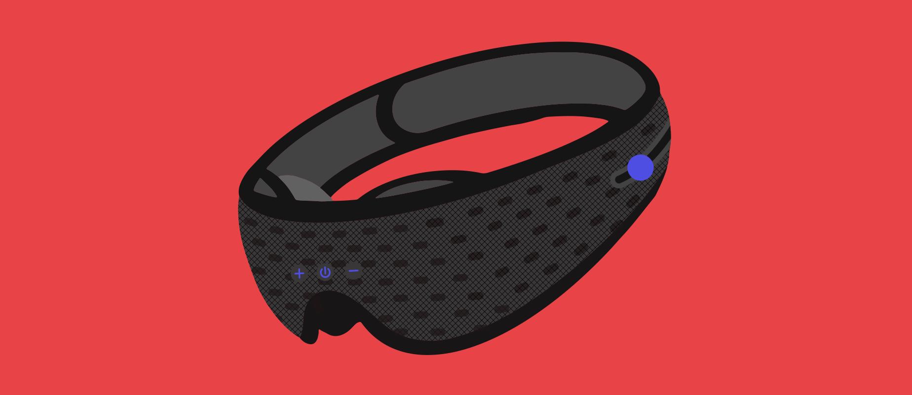 A black mesh sleep mask with headphones and eye cups.