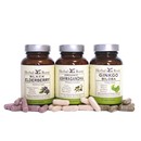 Herbal Roots bottles of Black Elderberry, Organic Ashwagandha and Ginkgo Biloba side by side with capsules from the supplement in front of each bottle.