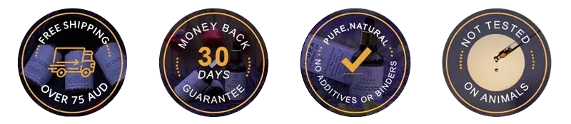 iYURA Trust Badges: 1. Free Shipping 2. 30-Day Money-back Guarantee 3. No Additives or Binders 4. Not Tested on Animals