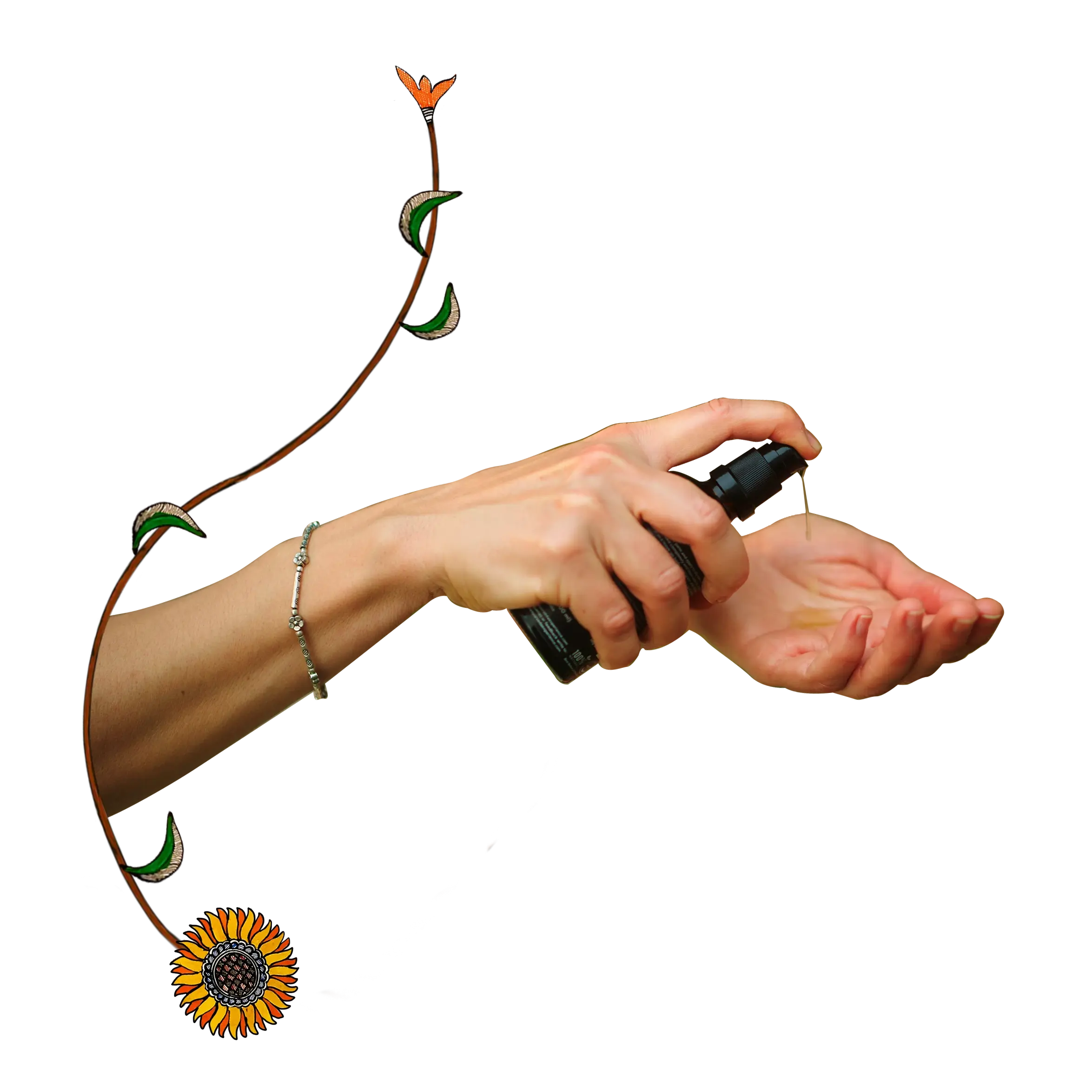 An aesthetic composition of a woman's hands using Balaayah surrounded by floral artwork