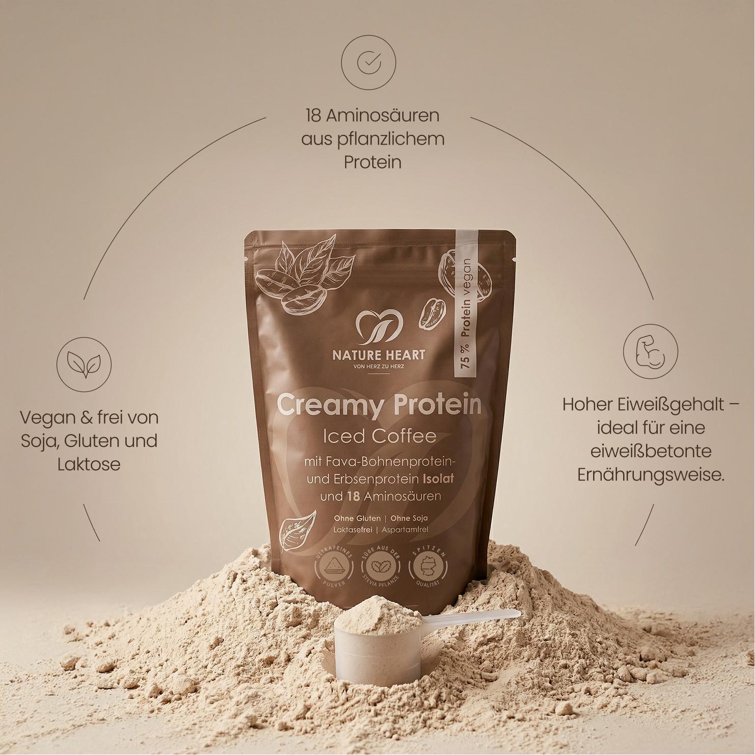 Ultrafeines Creamy Protein Iced Coffee Pulver im Messlöffel mit aufsteigendem Pulverstaub und Kaffeebohnen