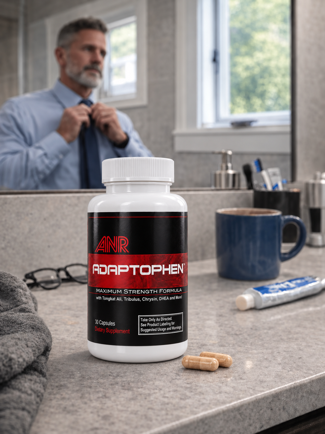 Adaptophen bottle and capsules containing tongkat ali, tribulus, 5-methyl-7-methoxy-isoflavone and ZMA