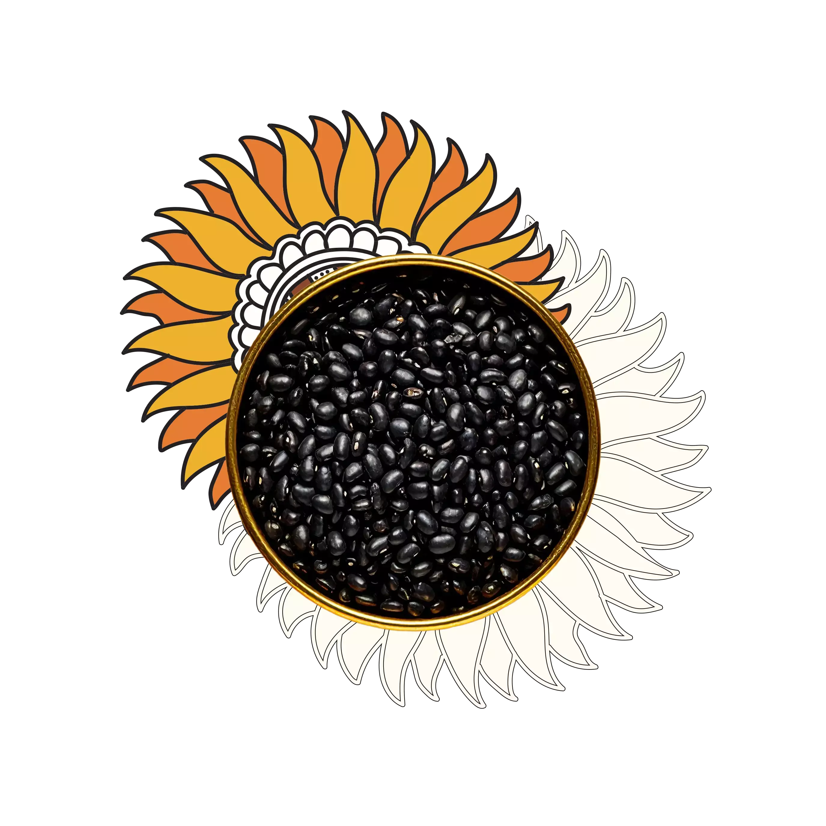 A bowl of black grams surrounded by floral artworks