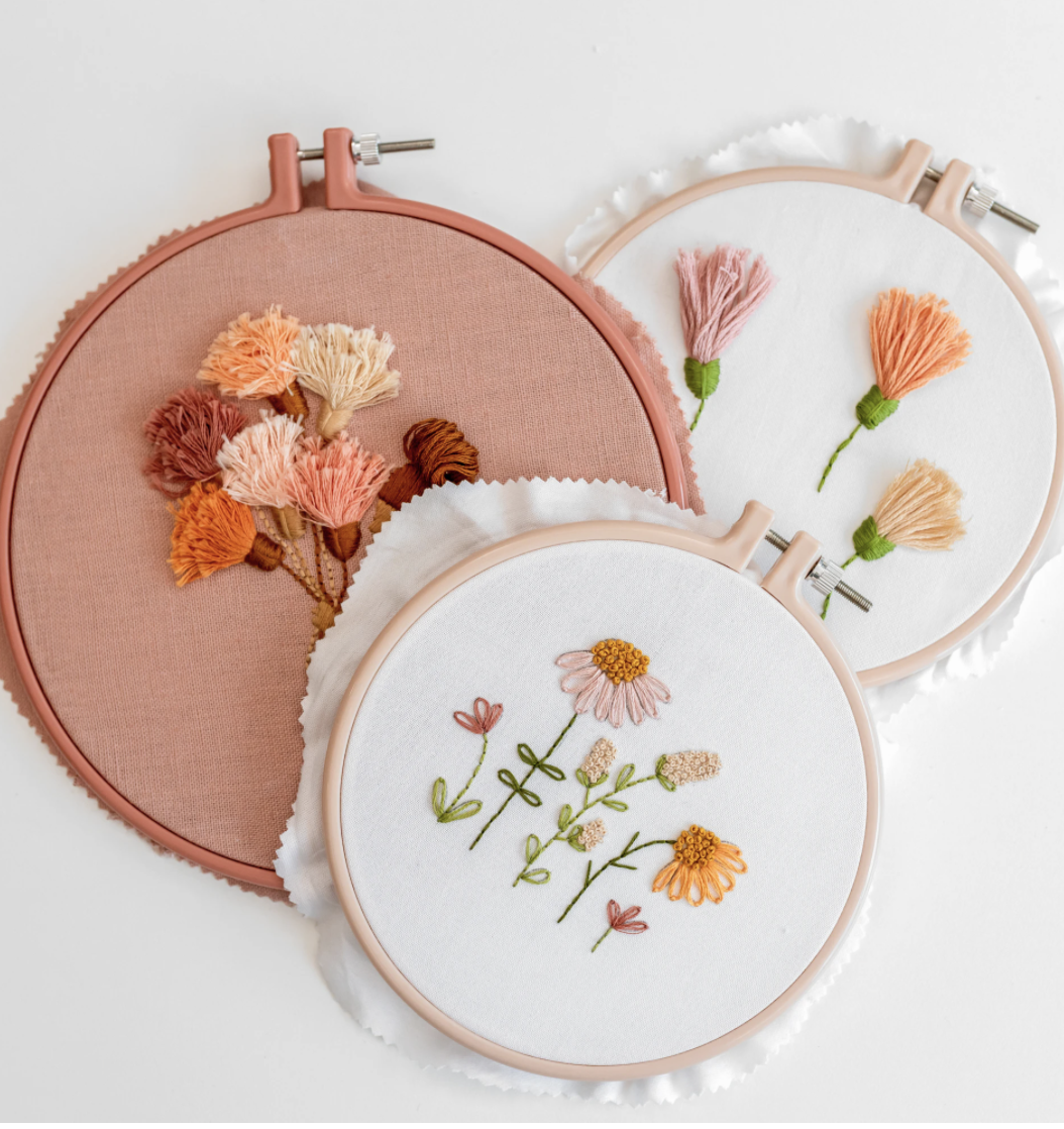 This is an image of different patterns in the Elovell Embroidery Hoops - Champagne and Dusty Terracotta, available for purchase from the Clever Poppy Shop.