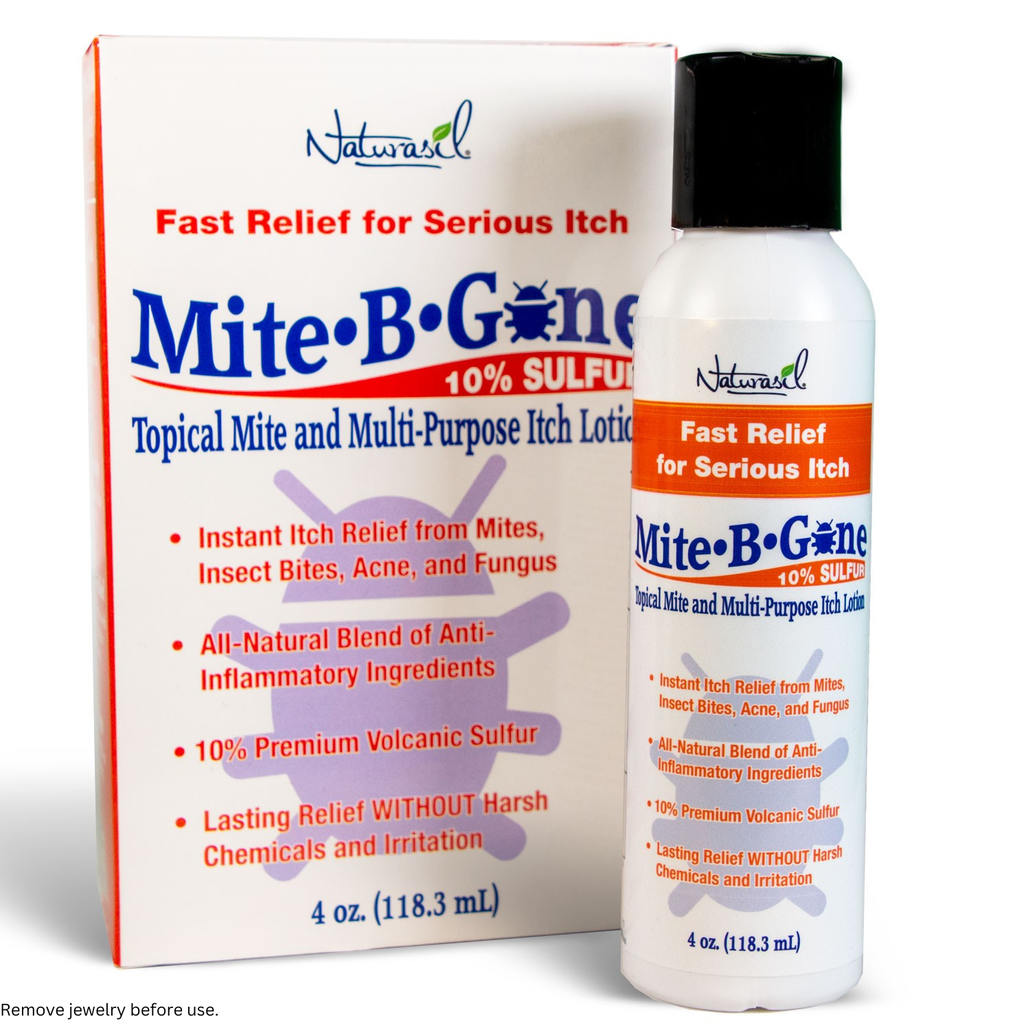 Mite-B-Gone 10% Sulfur Lotion (4oz) | Itch Relief from Mites, Insect Bites, Acne, and Fungus