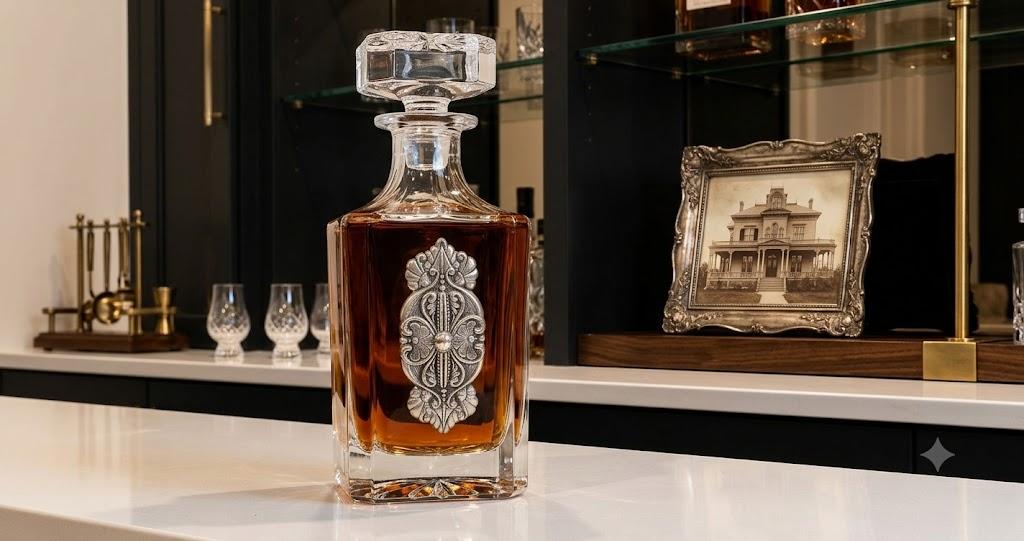 Decanter with Large Vintage Inspired Silver Medallion