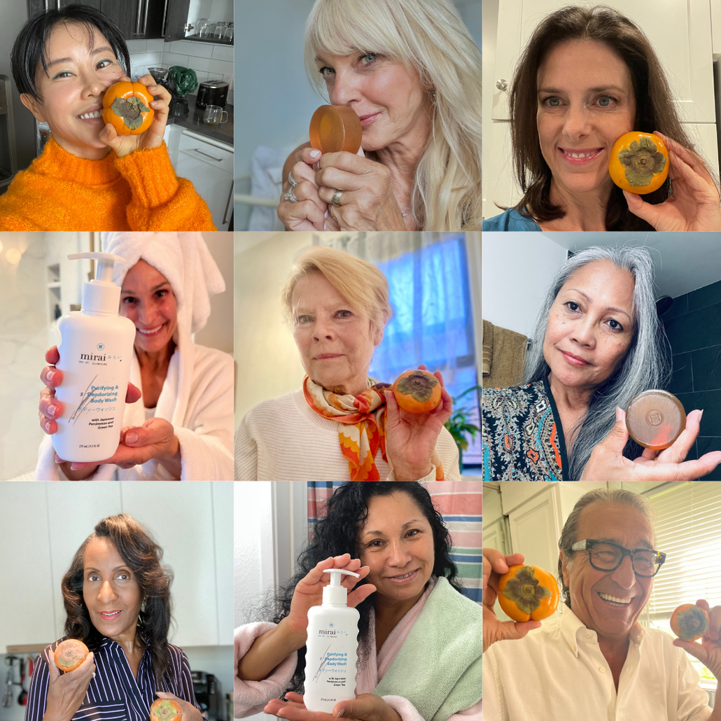 Collage of happy customers holding Mirai Clinical products, featuring body wash, deodorizing soap bar, and fresh persimmon, promoting Early Black Friday savings.